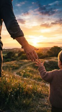 Father and Child Holding Hands at Sunset in a Field.