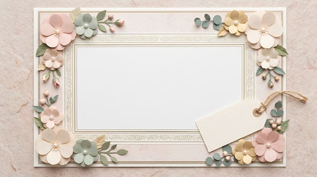 Elegant top view flat lay double border template featuring delicate handmade paper blossoms and empty present tag on pastel textured stone surface with central copy space for holiday greeting card