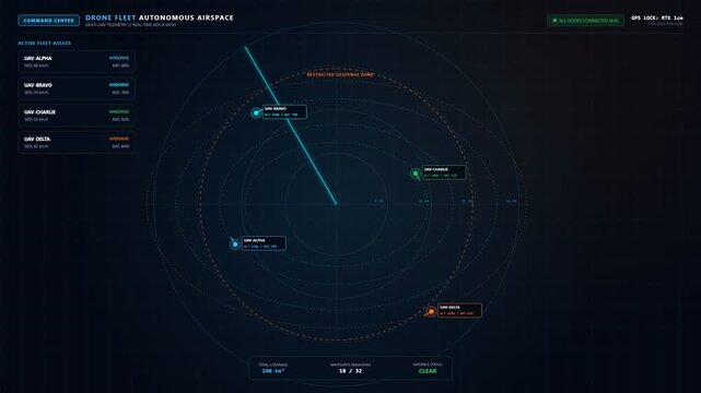 Drone fleet autonomous airspace radar interface showing active