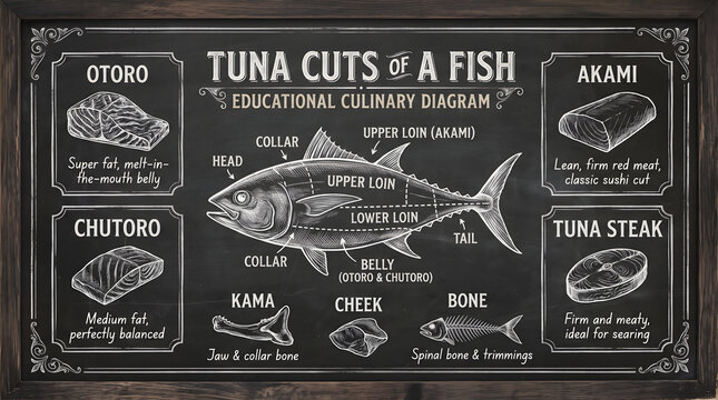 Tuna Cuts Culinary Diagram on a Vintage Chalkboard