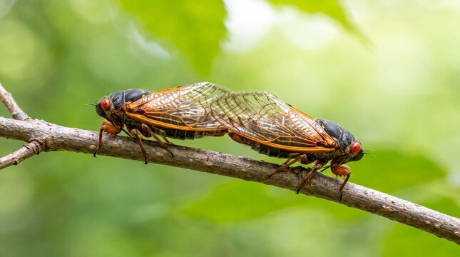 Pair of Mating Cicadas Joined End to End on Thin Summer Twig
