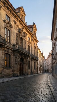 Historic European Street with Cobblestone Pavement and Ornate Architecture at Sunrise.