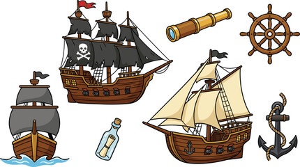 Pirate Ship and Nautical Adventure Vector Clip Art Set with Sailing Vessel Spyglass Wheel Anchor and Message in a Bottle Icons © Raysa