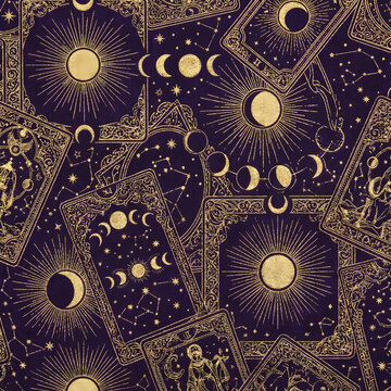 Vintage Tarot Cards Pattern with Celestial Symbols and Mystical Elements