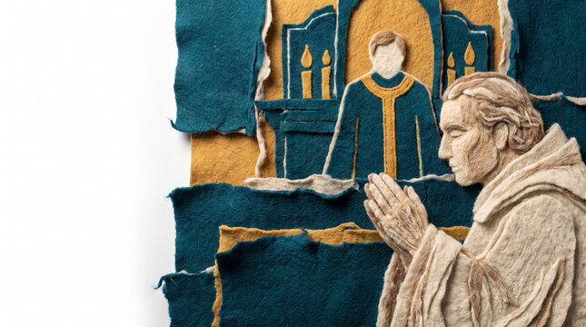 Religious figure praying in a church with a stained glass window  