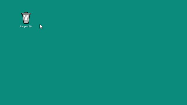 Retro 90s Computer Animation, Emptying Recycle Bin with Mouse Cursor, Confirm Delete Dialog and Paper Particles on Teal Desktop