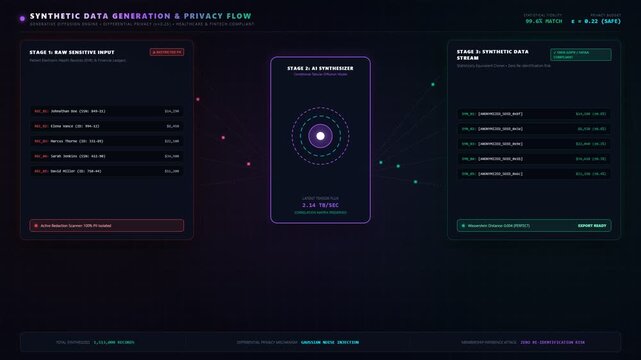 Synthetic Data Generation Flow Diagram with Privacy Metrics on Dark