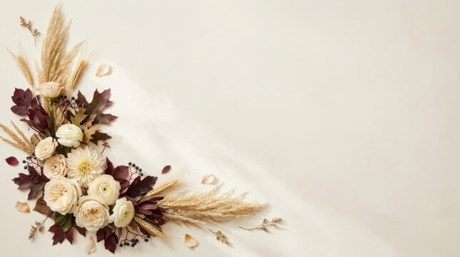 Delicate autumn floral corner border with wheat stalks and flowers