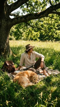 Man and Golden Retriever Enjoying a Peaceful Picnic Under a Large Tree.