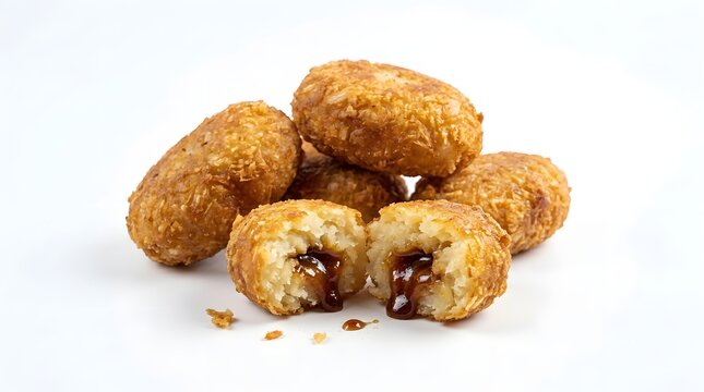Realistic studio food photography of traditional Indonesian misro, small oval-shaped golden fried cassava cakes filled with sweet melted palm sugar, one piece cut open to reveal the dark caramelized f