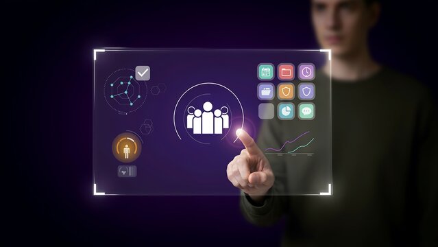 User selecting people icon on transparent digital hud interface for customer relationship management and social group analysis.