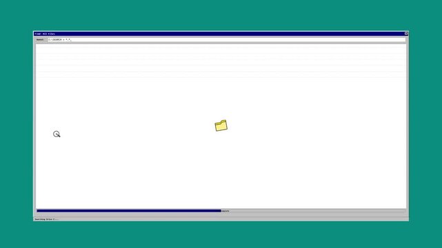 Retro 90s File Search Animation, Magnifying Glass Scanning Computer Files with Progress Bar, Nostalgic Find Dialog Window