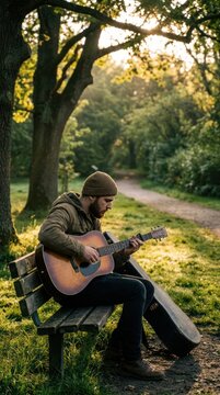 Man Playing Guitar on Park Bench in Autumn Sunlight.