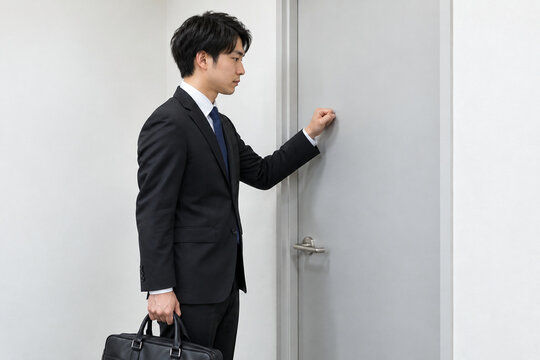 面接室のドアをノックする就活中の男性