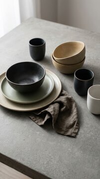 Minimalist Table Setting with Ceramic Dishes and Napkin.
