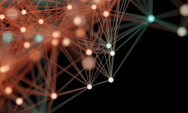 A high-tech digital network background with glowing green and orange lines and dots, ideal for 5G technology, big data, and cyber security themes