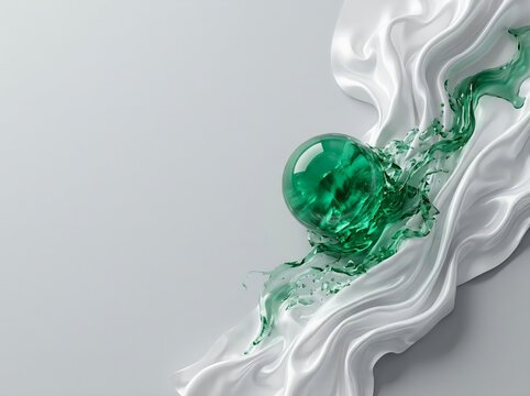 Esfera de cristal verde esmeralda de menta fundi&eacute;ndose con ondas de seda blanca fluida sobre fondo gris, recurso gr&aacute;fico abstracto de frescura culinaria, postres de vanguardia y espacio de copia