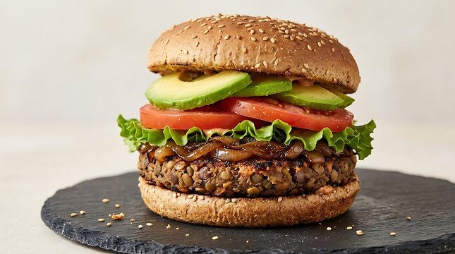 Delicious vegetarian bean burger with fresh avocado, tomato, lettuce, and caramelized onions on a sesame bun