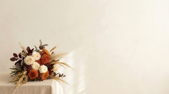 Chic bouquet of roses and dried botanical stems on linen covered table