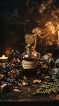 Mysterious Potion Bottle Surrounded by Herbs and Candles.