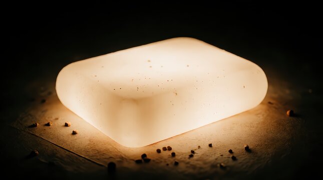 Glowing rectangular soap bar with natural texture on dark surface