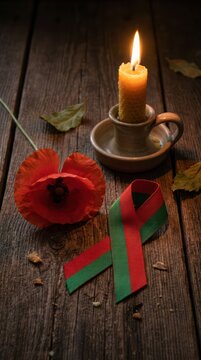 Remembrance Day Poppy and Candle on Wooden Table.