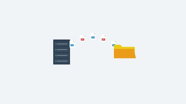 Animated flat database server uploading pdf and html document icons into storage directory server network transferring files into yellow folder for cloud backup and data migration