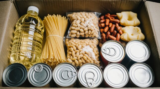 Food donation box with cooking oil spaghetti beans nuts and canned
