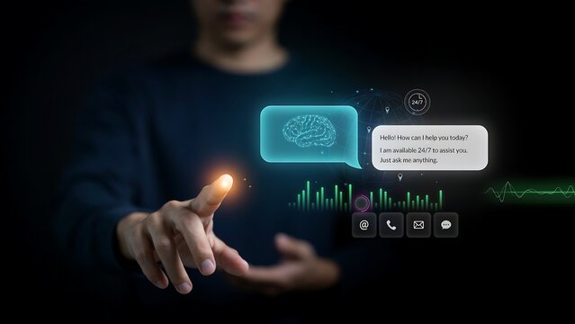 Artificial intelligence chatbot interface with brain icon and speech bubble for customer service automation.
