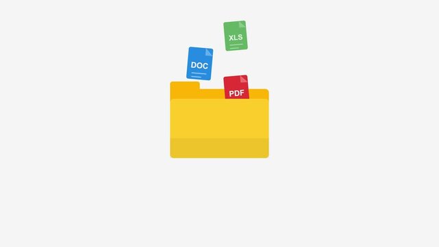 File system diversity digital storage and archive concept digital yellow folder containing document format icons flat vector file folder holding floating doc pdf xls and html badges
