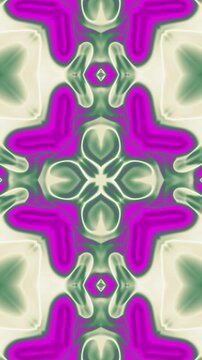 Abstract futuristic kaleidoscope digital pattern with vibrant magenta and green fluid shapes.
