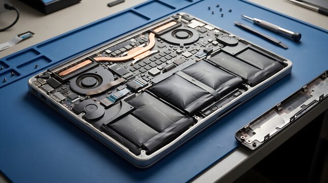 Disassembled laptop with dangerously swollen battery on repair desk
