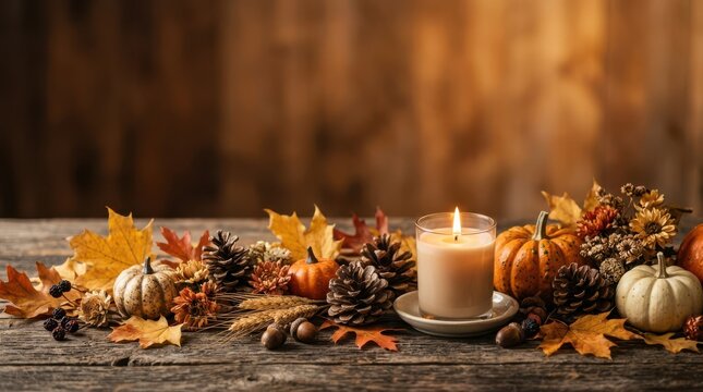 Festive autumn table centerpiece with candles and pumpkins maple leaf pinecone