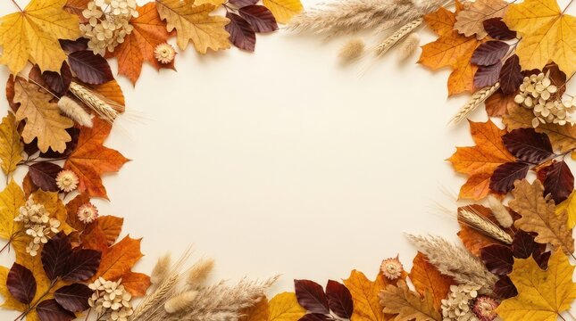 Dried fall leaves and autumn flowers forming a decorative frame with colors