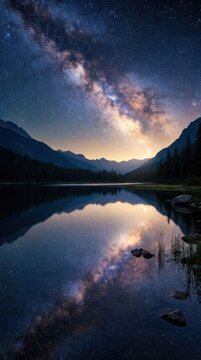 Stunning Milky Way Reflection Over Serene Mountain Lake at Dusk.