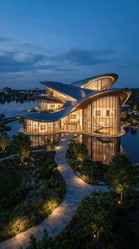 Stunning Modern Architectural Masterpiece Illuminated at Dusk Over Reflecting Water.