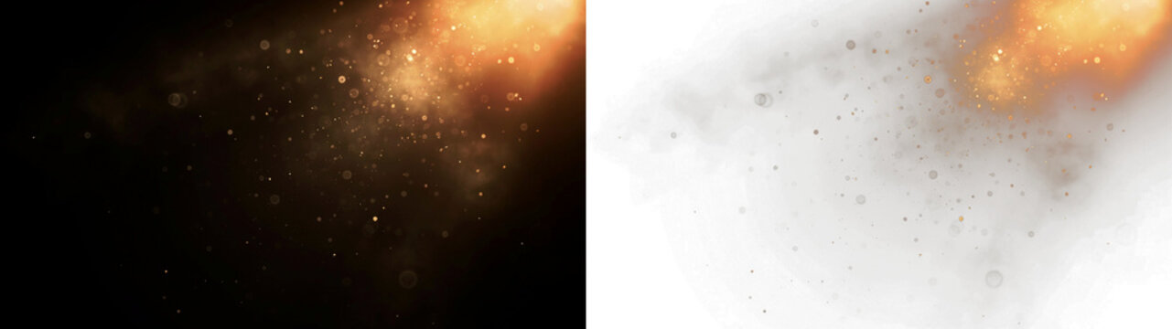 Abstract golden light rays with floating dust particles and bokeh effect, glowing magical atmosphere for overlay design isolated on transparent background