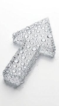Transparent Arrow Shape Covered in Water Droplets on White Background.