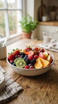 Vibrant Bowl of Fresh Mixed Fruits on a Rustic Wooden Table by the Window.