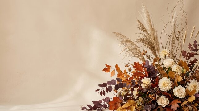 Arrangement of dried autumn flowers and pampas grass against beige wall