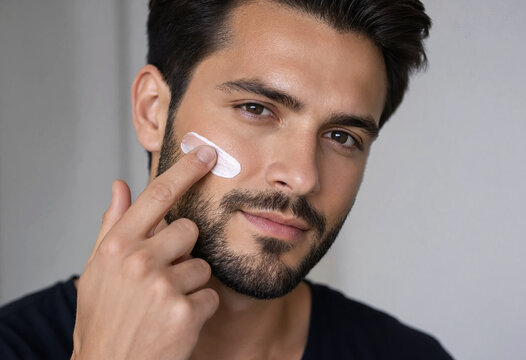 A handsome young man applies moisturizing face cream to his cheek in a close-up grooming portrait. Modern male skincare, routine hygiene, facial hydration, and self-care confidence concept