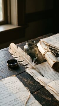 Vintage Quill Pen and Inkwell on a Desk with Old Documents.