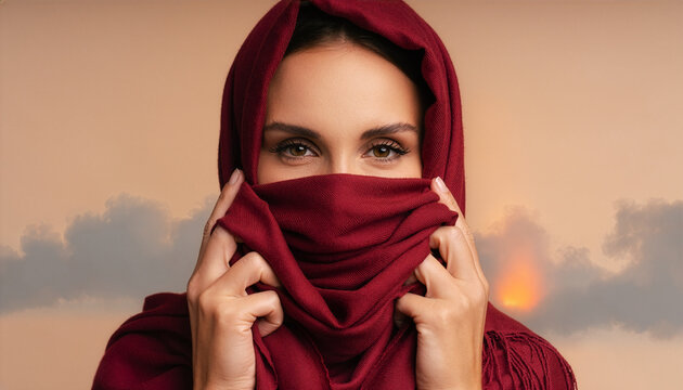 Portrait of a beautiful middle-eastern woman wearing a dark red hijab or niqab covering her face, looking at the camera against a sunset sky background with soft clouds.