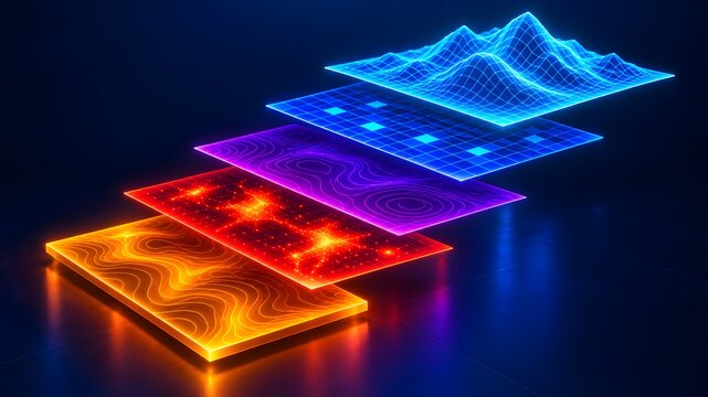 Glowing neon digital terrain layers stacked diagonally illustrating spatial data and mapping technology