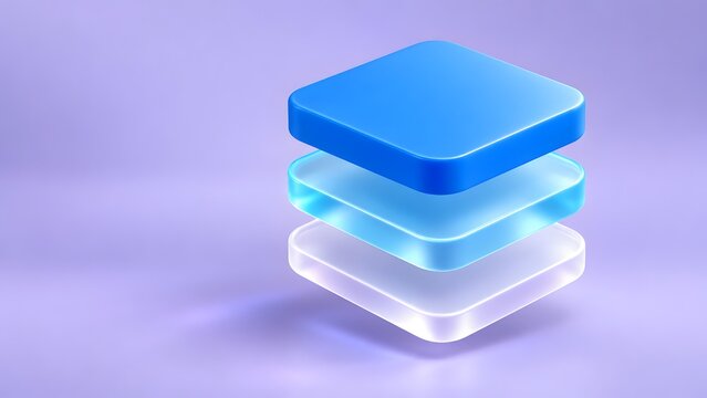 Floating transparent geometric panels representing user interface design levels and modular tech infrastructure
