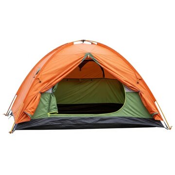 Orange and green dome camping tent pitched