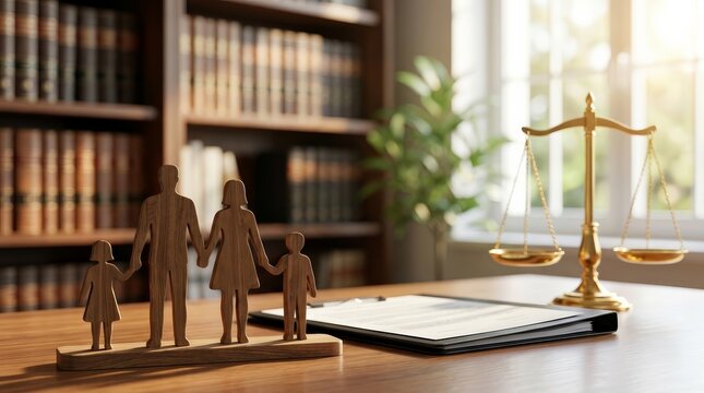 An attorney office setting with wooden family figures, legal scales, and documents representing inheritance and family law.