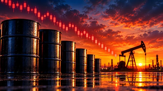 Bearish energy market concept showing black oil barrels and pump jacks with descending red candlestick chart during sunset