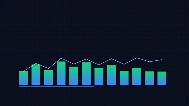 Glowing financial bar chart growth and trend line graph visualizing business success data analytics