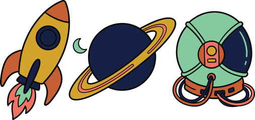 Rocket ship saturn planet and astronaut helmet hand drawn vector space icons on white background. © Rokeya